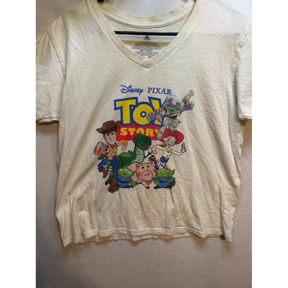 Disney Pixar Toy Story Graphic V-Neck T-Shirt Cream Woody Buzz Lightyear Large